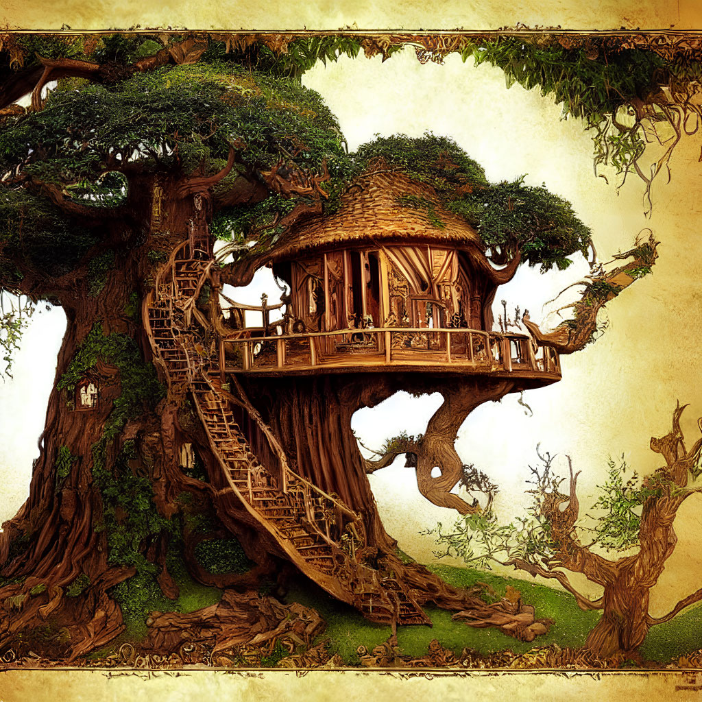 Detailed illustration of whimsical treehouse in magical forest