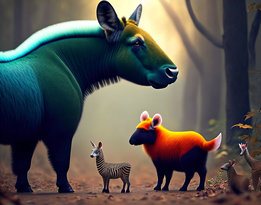 Colorful digitally-altered image: Three antelope-like creatures with gradient fur in mystical forest.