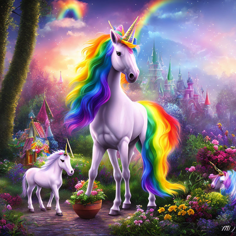 Colorful unicorns in magical garden with rainbows, vibrant flora, and castle