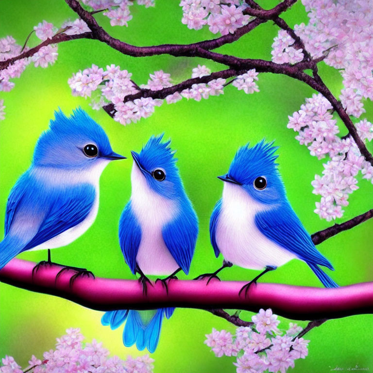 Three cartoon bluebirds on pink cherry blossom branch against green background