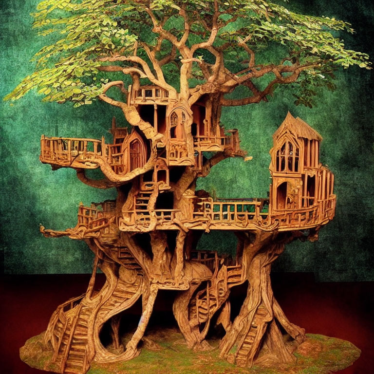 Detailed Wooden Treehouse Model with Intricate Balconies on Green Textured Background