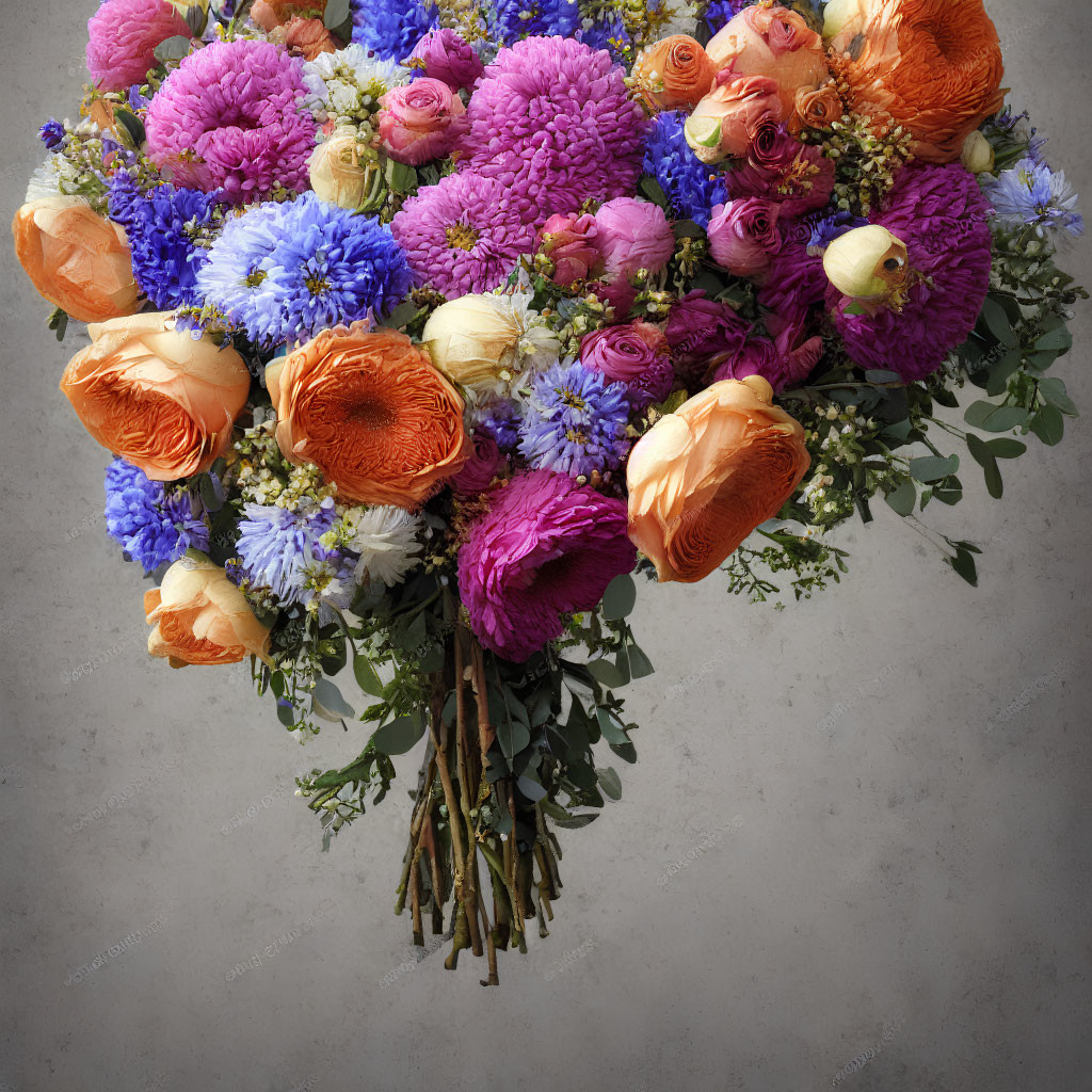 Colorful Purple, Blue, and Orange Flower Bouquet on Grey Background