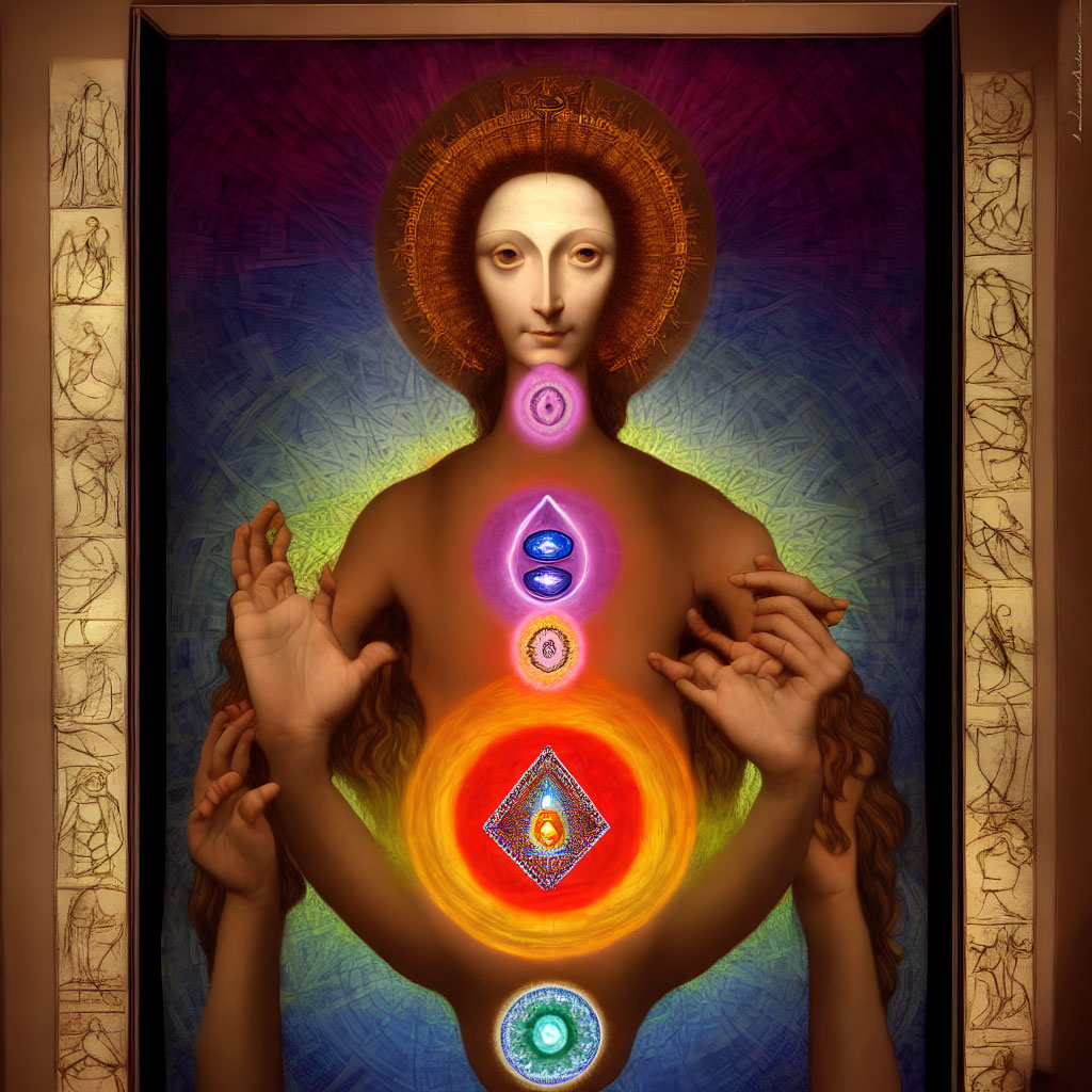 Mystical digital artwork featuring chakra symbols, halo, and esoteric background