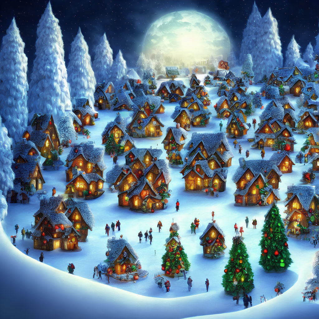 Snow-covered winter village at night with festive Christmas decorations