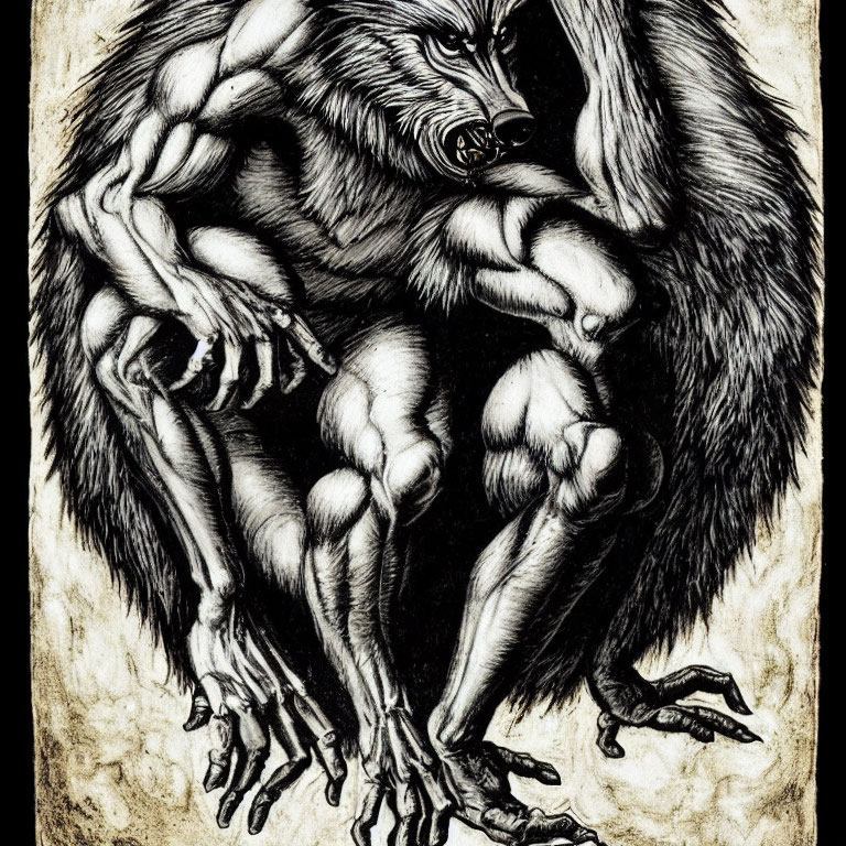 Detailed black and white illustration of muscular, multi-limbed creature with fur and sharp claws