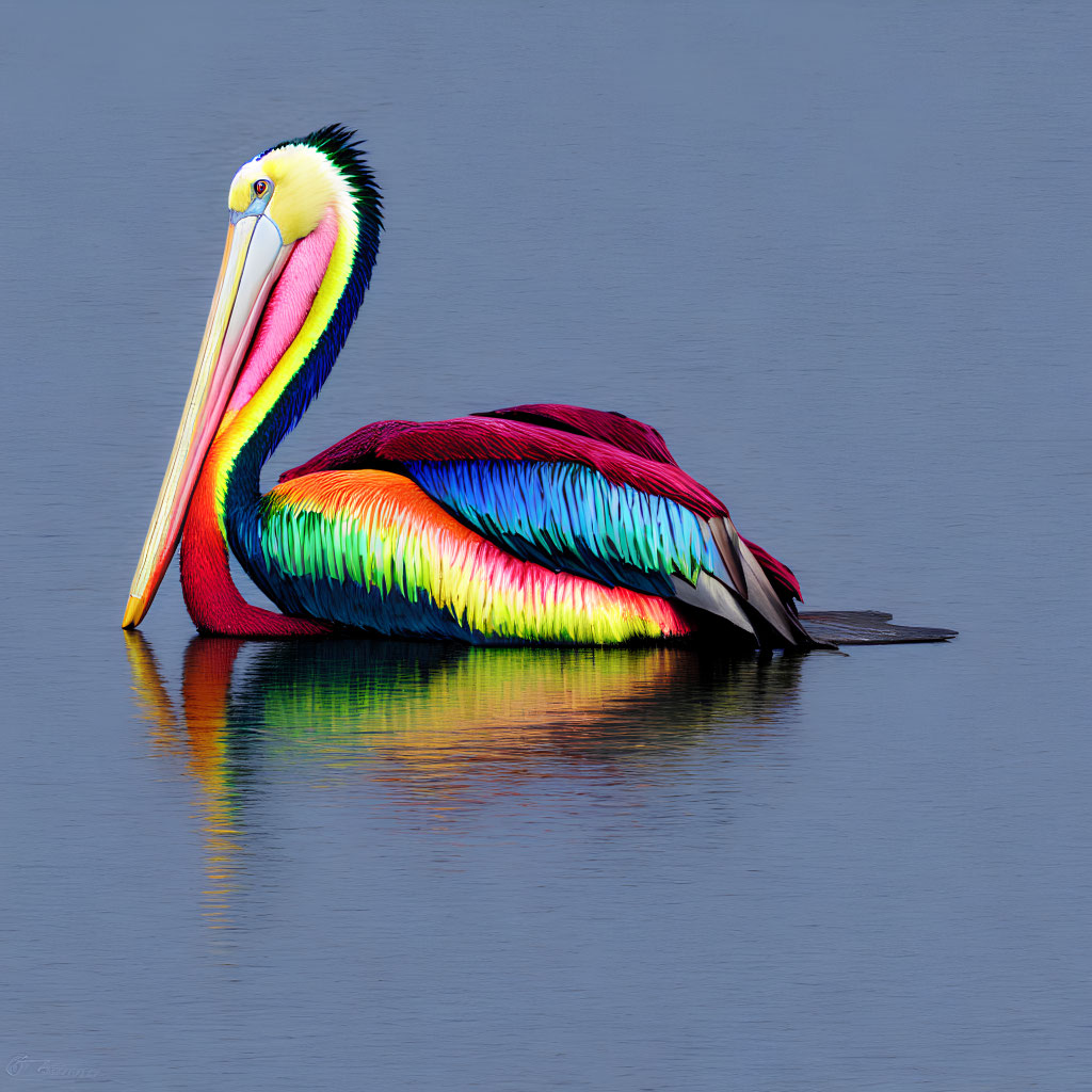 Pelican with Multicolored Feathers Reflected in Water