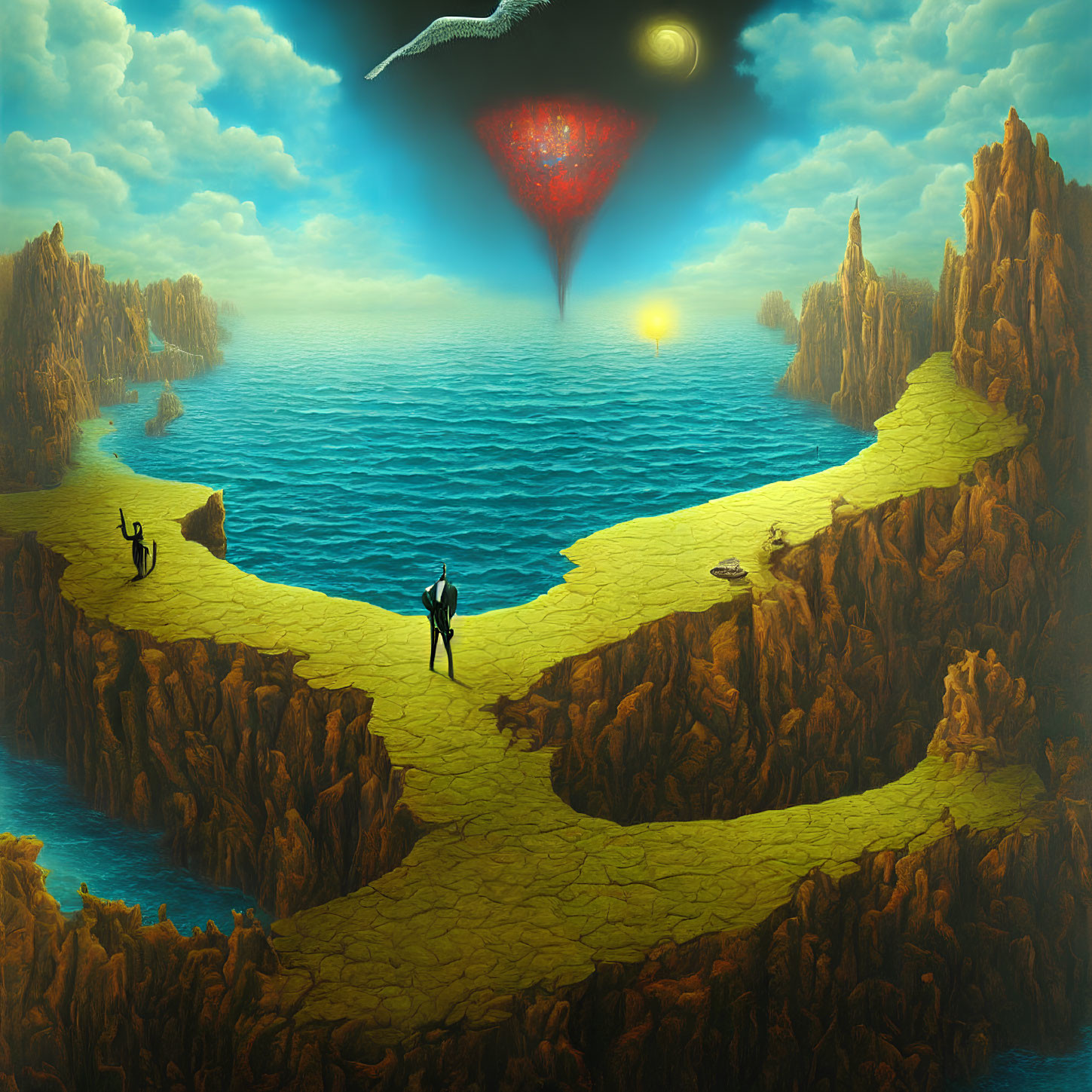 Surreal landscape with yellow-brick path, blue lake, cliffs, sun, and red glow