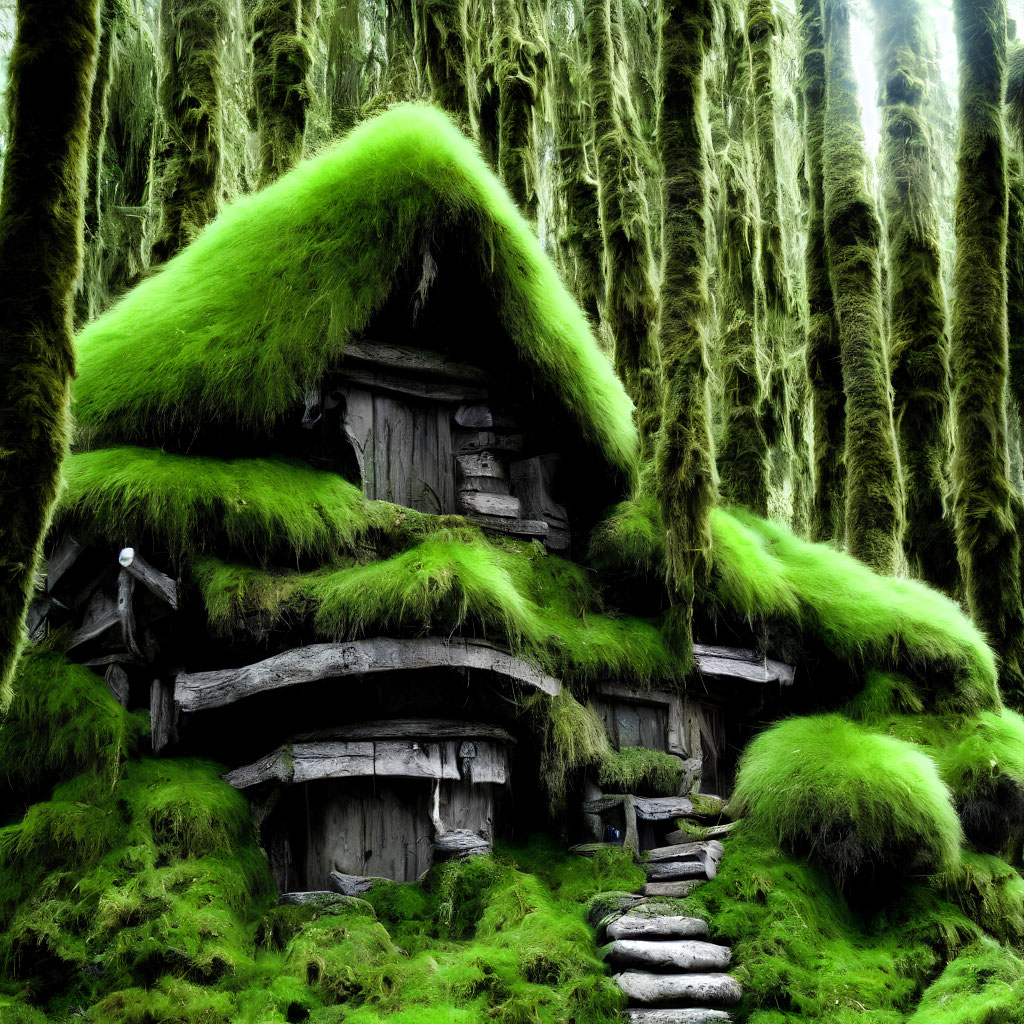 Rustic wooden cabin covered in green moss in enchanting forest