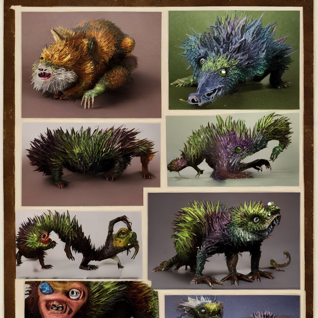 Colorful Spiky Fur Creatures on Brown Background