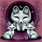 Stylized foxes under crescent moon in purple setting