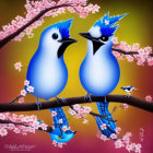 Stylized blue birds with mohawk crests on blossom branch, purple and orange background