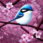 Blue and White Bird Perched on Branch with Cherry Blossoms on Pink Background