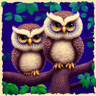 Stylized cartoon owls with purple and yellow eyes on tree branch against blue leaves