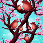 Whimsical pink birds in cherry blossom branches on blue sky