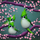 Stylized birds with green mohawk feathers perched on branches among pink blossoms