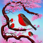 Colorful red birds on cherry blossom tree with pink and blue sky