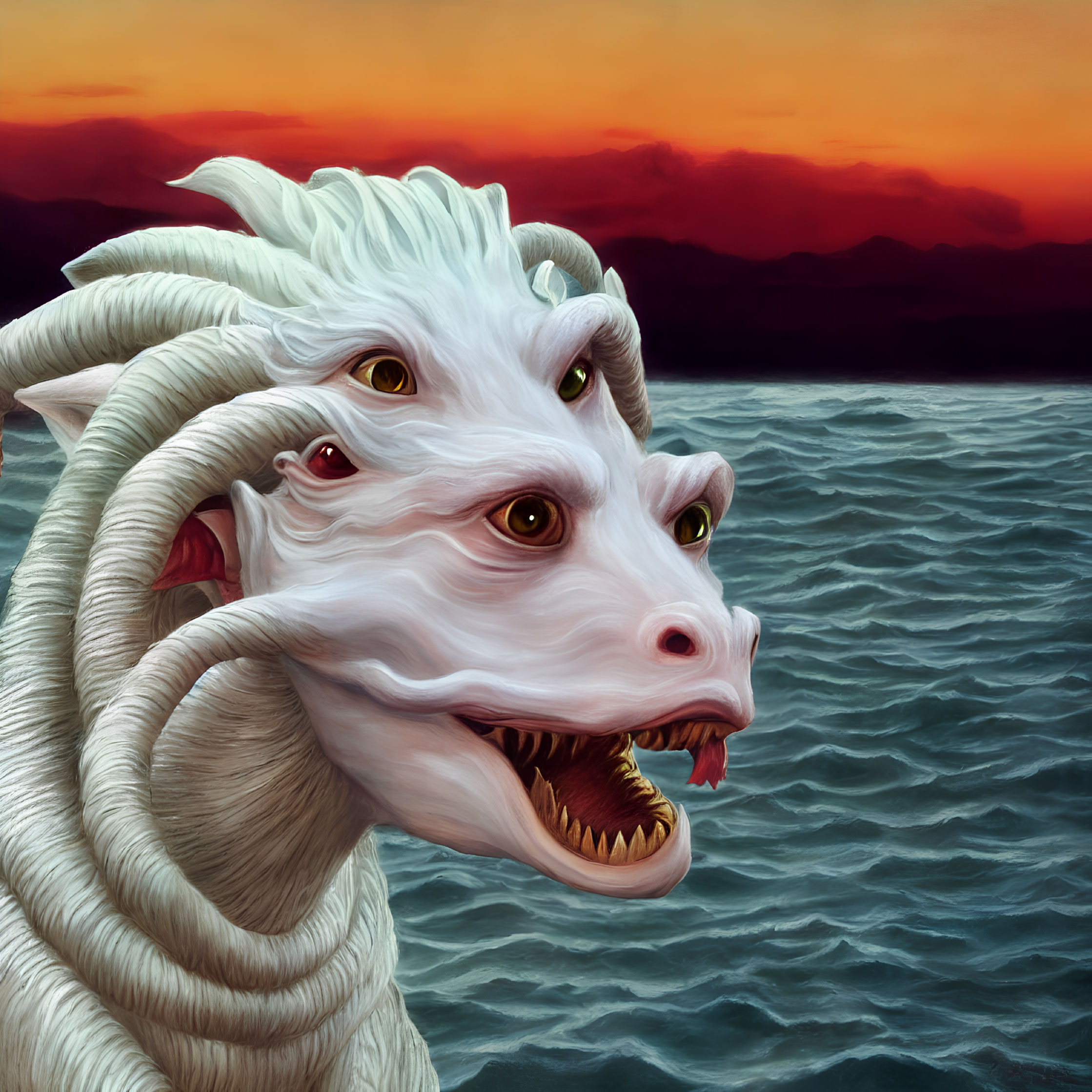 White Multi-Headed Dragon in Sunset Seascape