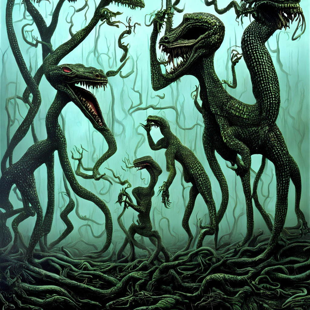 Fantastical illustration of serpent-like creatures in emerald forest