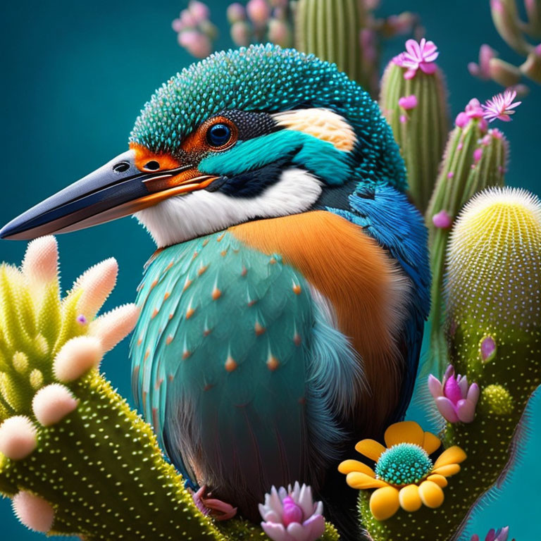 Colorful Kingfisher Illustration Among Cacti and Flowers