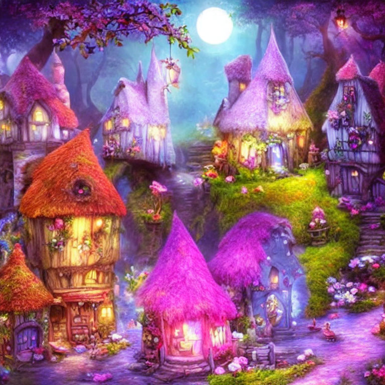 Enchanting village scene with fairytale cottages and glowing moon