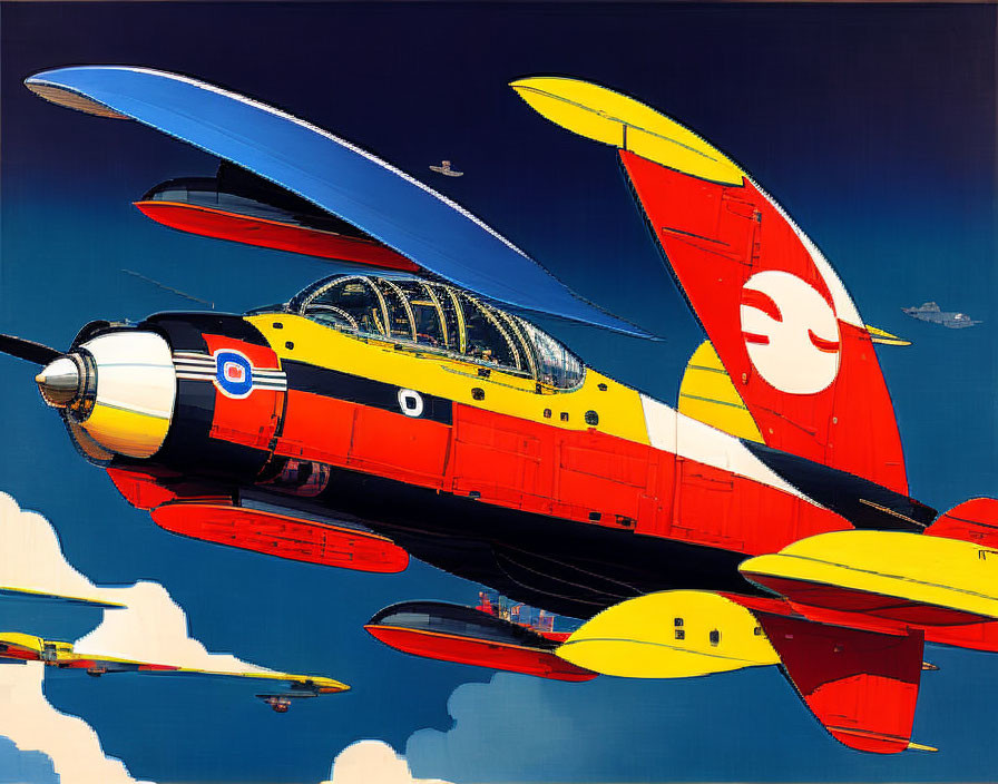 Colorful Vintage Jet Aircraft Illustration Flying in Blue Sky