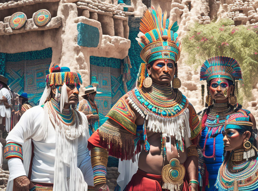 Elaborate Traditional Indigenous Dress with Feathered Headdresses