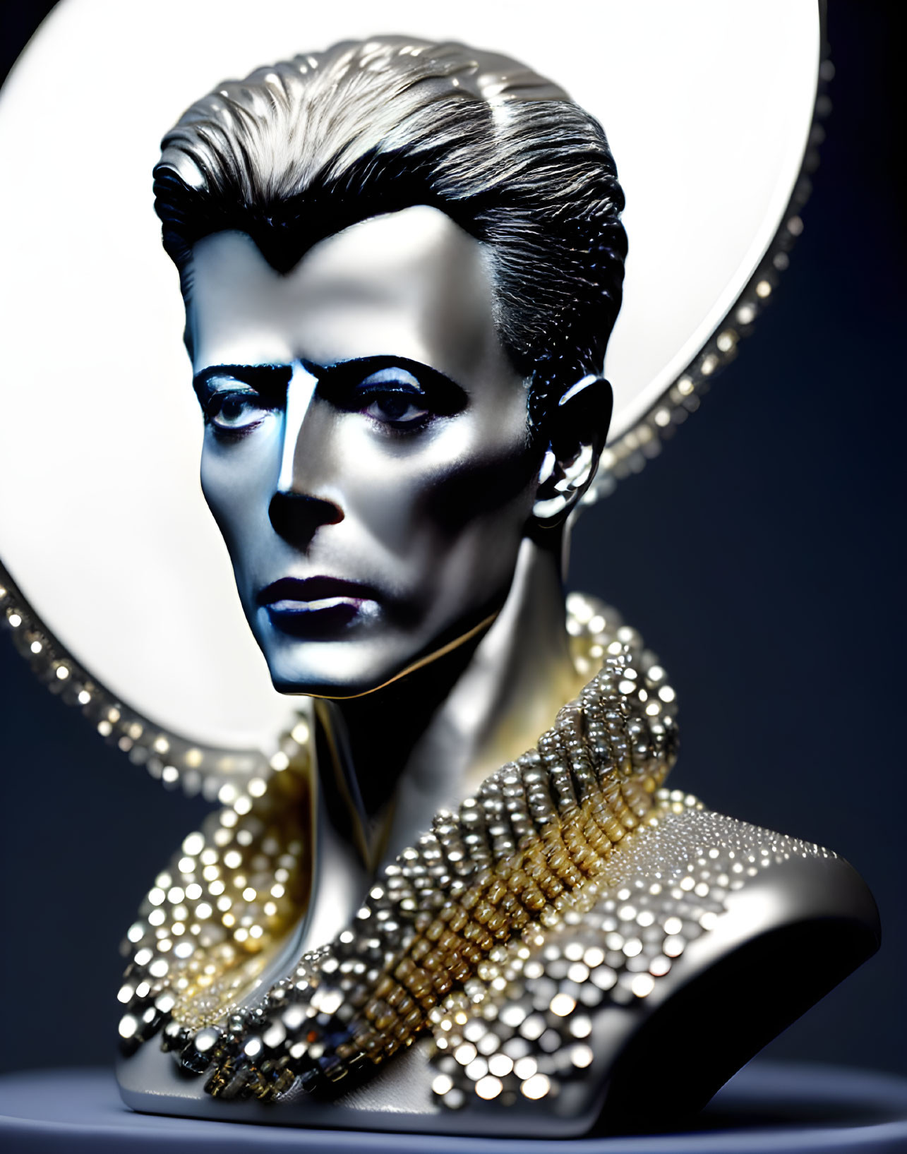 Metallic bust of a man with slicked-back hair and beaded necklaces under dramatic lighting.