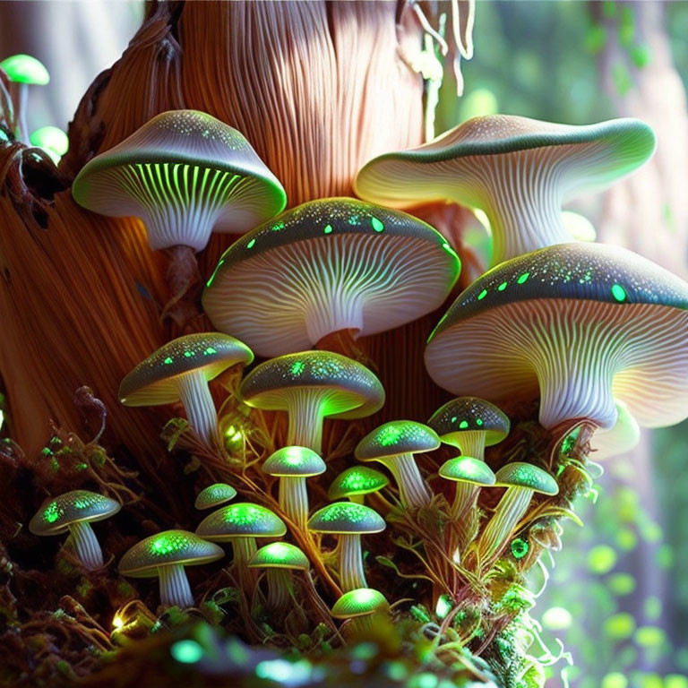 Vibrant blue and green bioluminescent mushrooms on tree trunk