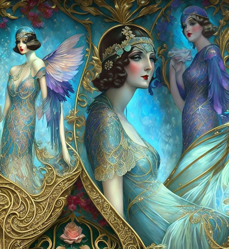 Ethereal women with butterfly wings in vintage gowns on teal backdrop