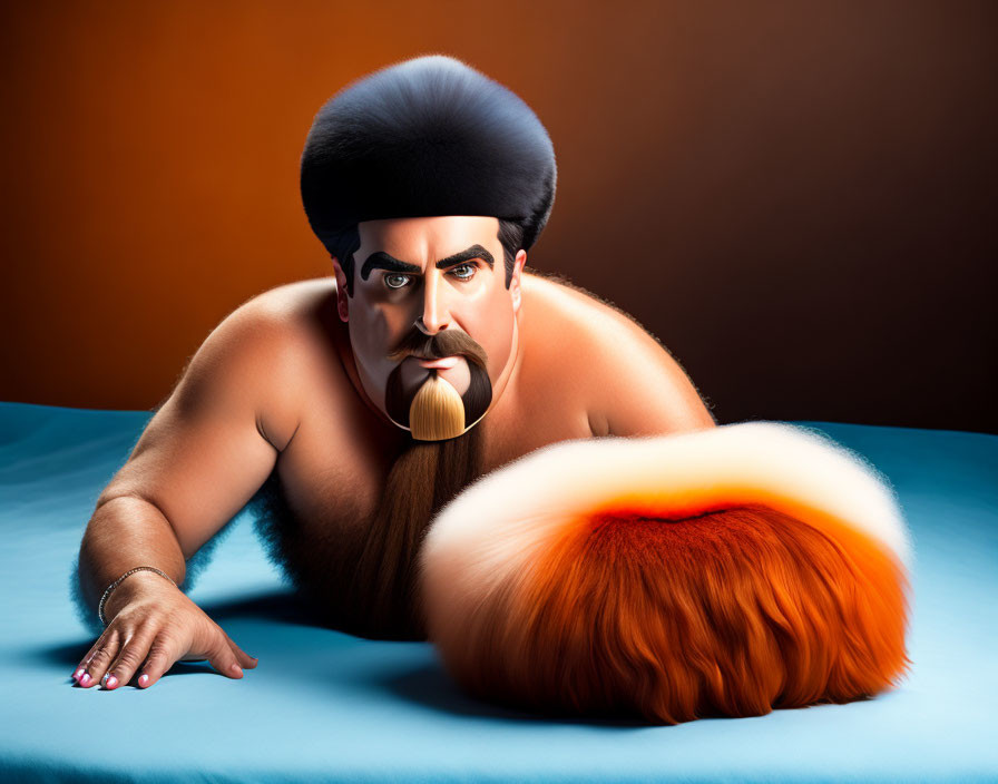 Muscular man with large moustache and brush-like tail on orange backdrop