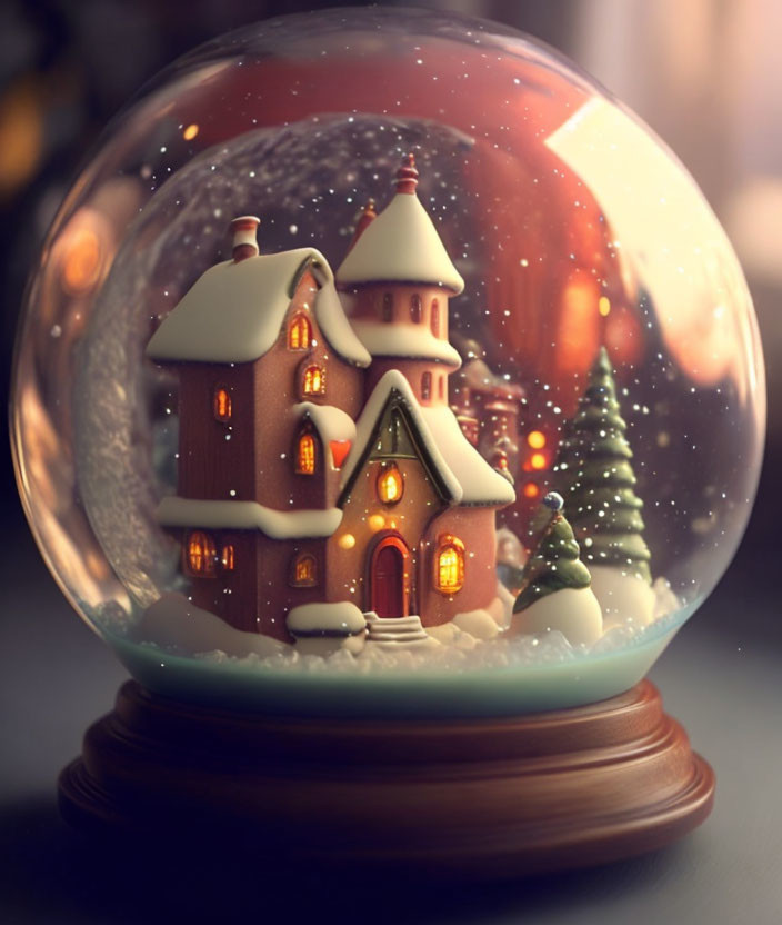 Snow Globe with Snow-Covered Miniature House and Trees