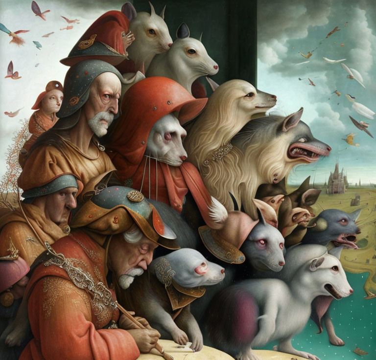 Surreal Renaissance painting with animal-headed figures and gothic cathedral