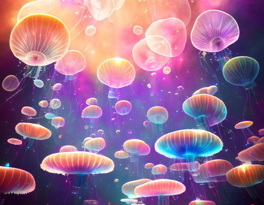 Colorful Digital Art: Glowing Jellyfish in Luminescent Underwater Scene