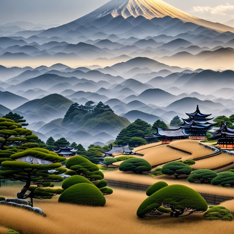 Japanese Pagoda with Manicured Pine Trees and Misty Mountains Featuring Mount Fuji