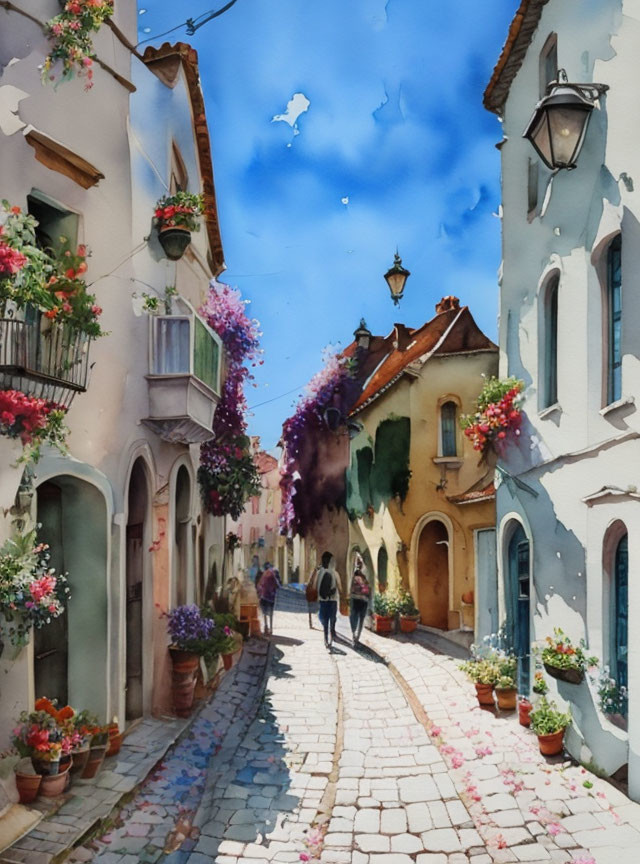 Colorful Watercolor Painting of Cobblestone Street with People