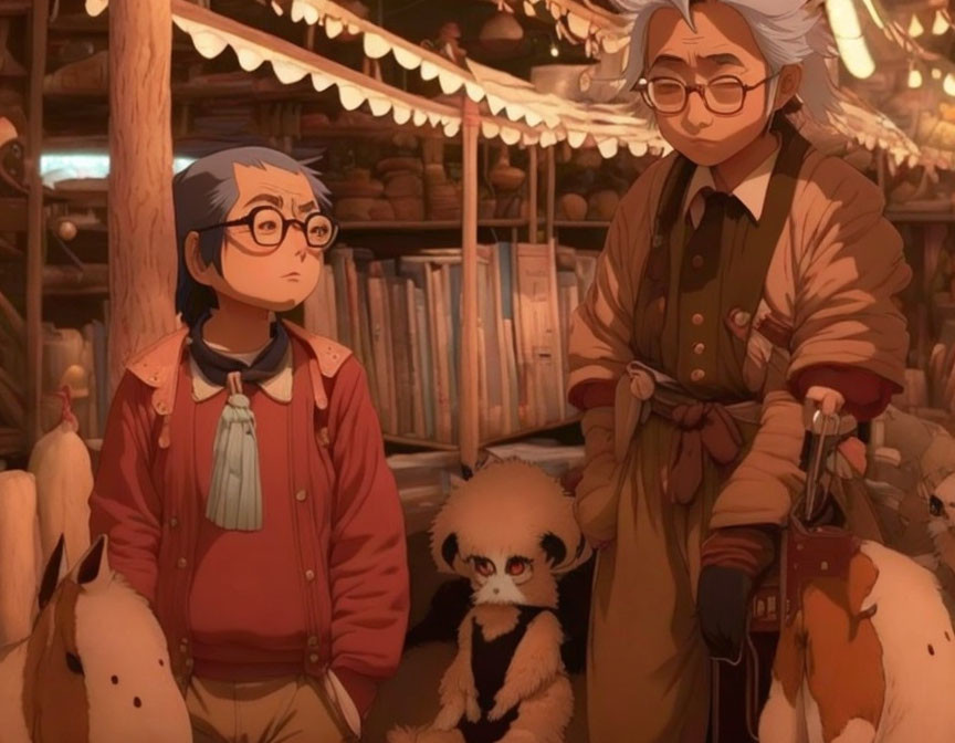 Young and elderly animated characters with eyeglasses in cozy room with books and creatures