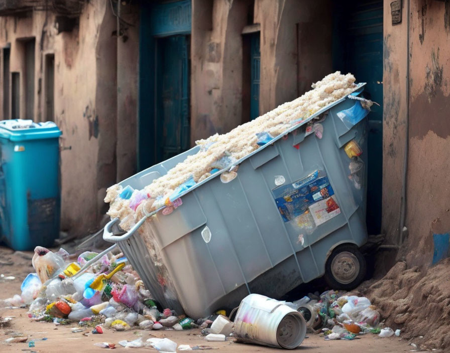 Overflowing garbage bin on dirty street with scattered trash and debris by old building