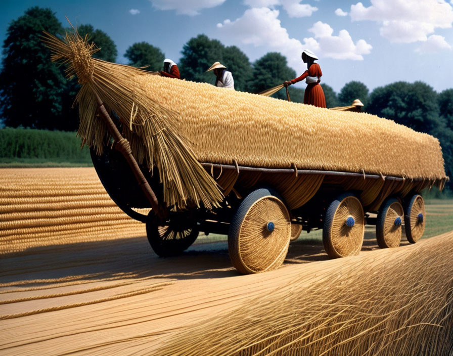 People in traditional attire on wooden cart with wheat bundle in countryside.