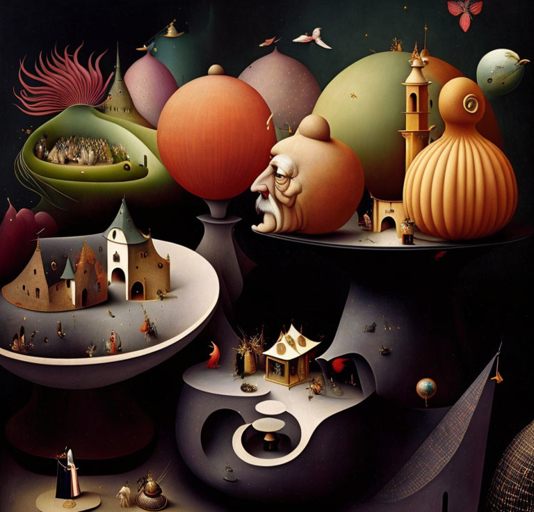 Whimsical surrealistic painting with houses, figure, and floating orbs in dark, colorful setting