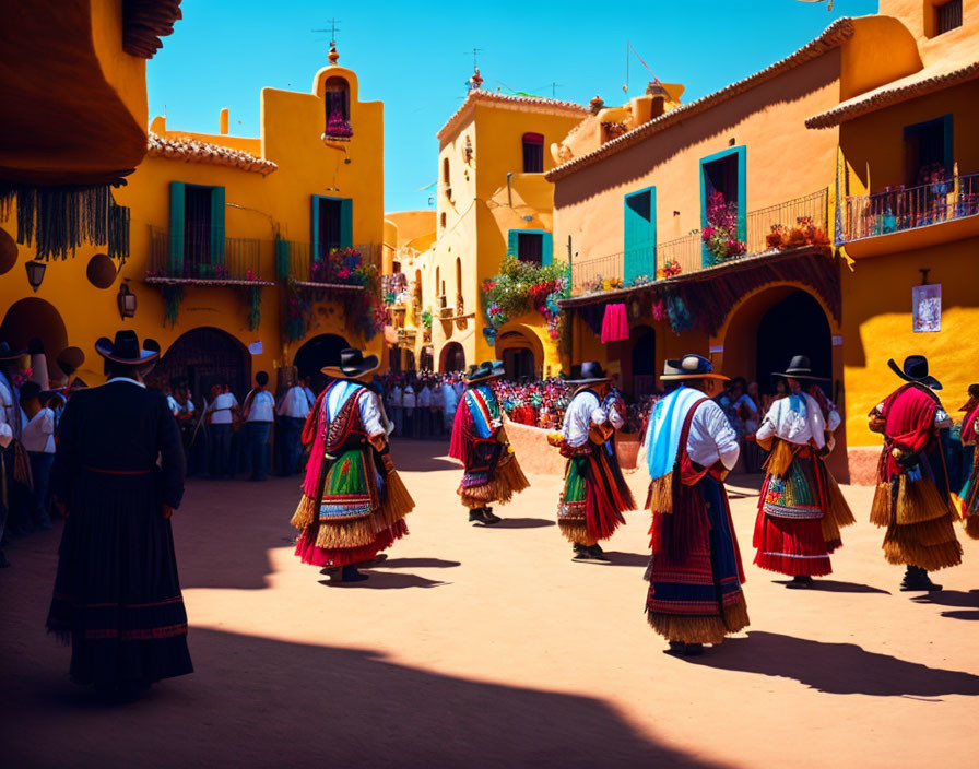 Colorful traditional dancers on vibrant street with terracotta buildings