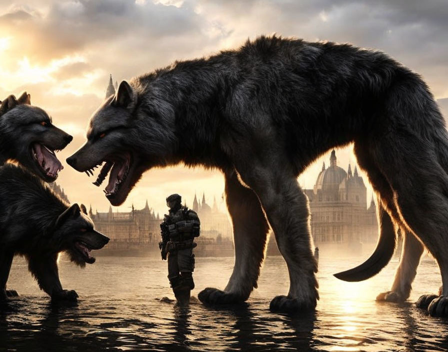 Soldier confronts giant wolves under dramatic sky near historic cityscape