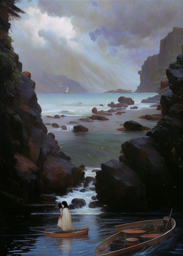 Tranquil painting of person in boat near cliffs under sunlight