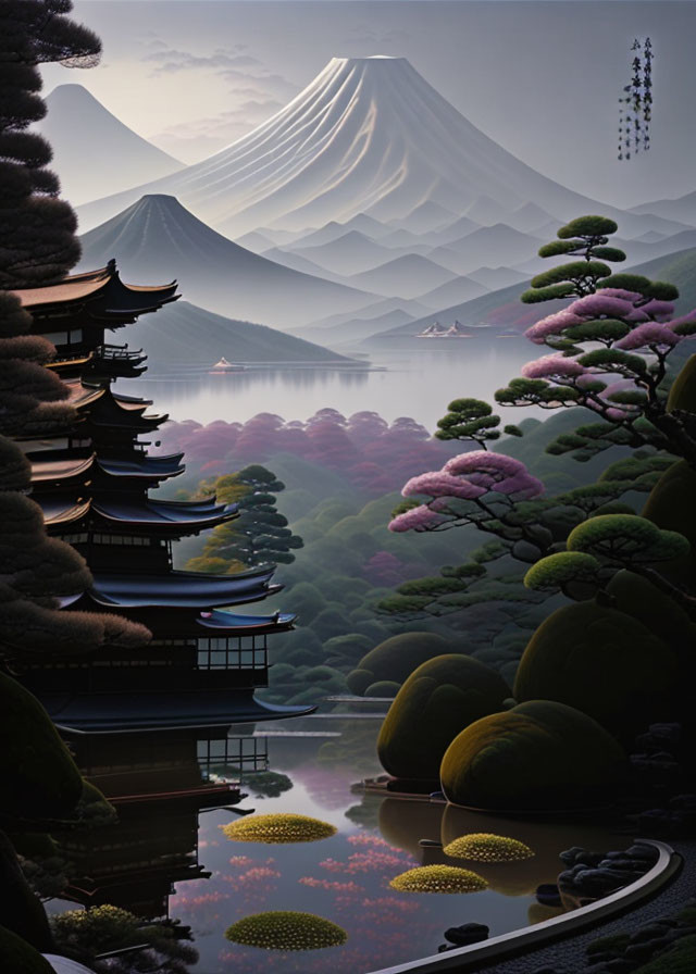 Tranquil Pagoda with Mount Fuji, Lake, Cherry Blossoms