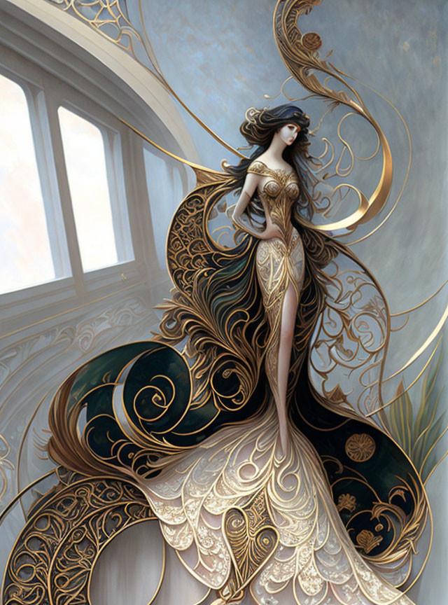 Dark-haired figure in gold-accented gown by large windows