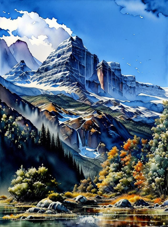 Majestic mountain range, autumn forest, tranquil lake in vibrant painting