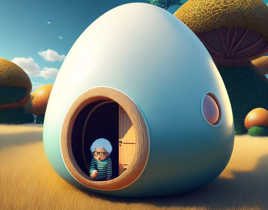 Whimsical illustration of person in egg-shaped house among oversized mushrooms