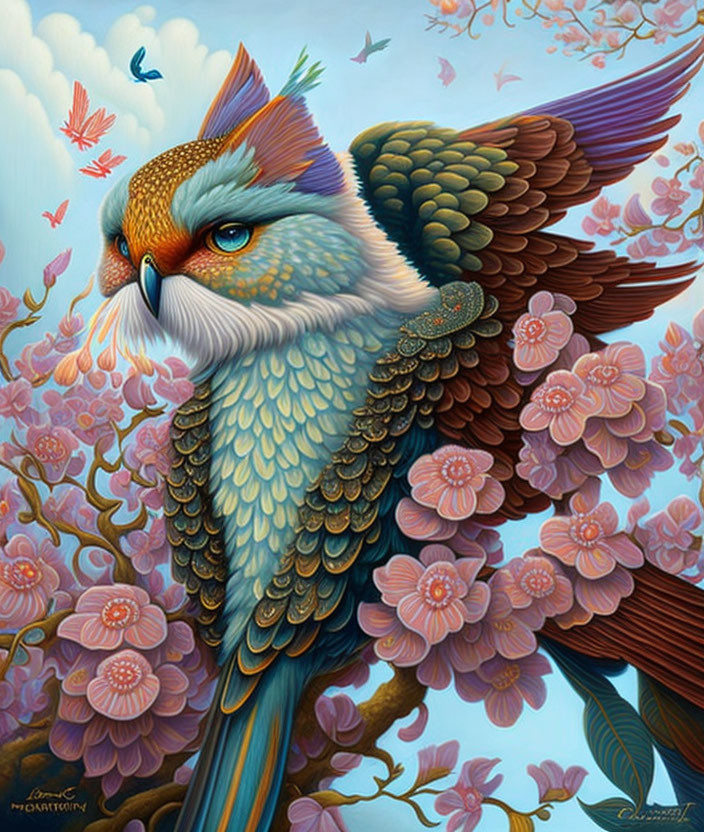 Majestic bird illustration with owl and hawk features perched among pink flowers