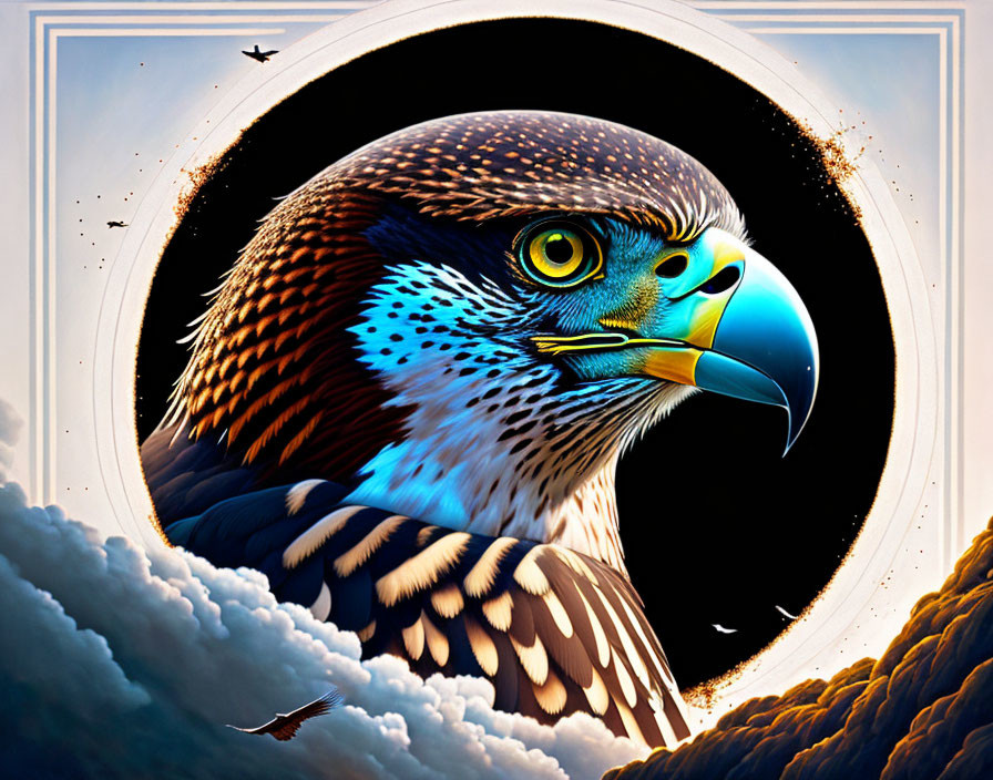 Realistic Eagle Head Illustration with Yellow Eyes on Cloudy Background