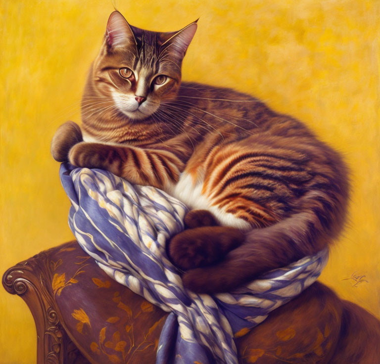 Plump tabby cat with striking patterns on draped fabric against yellow background