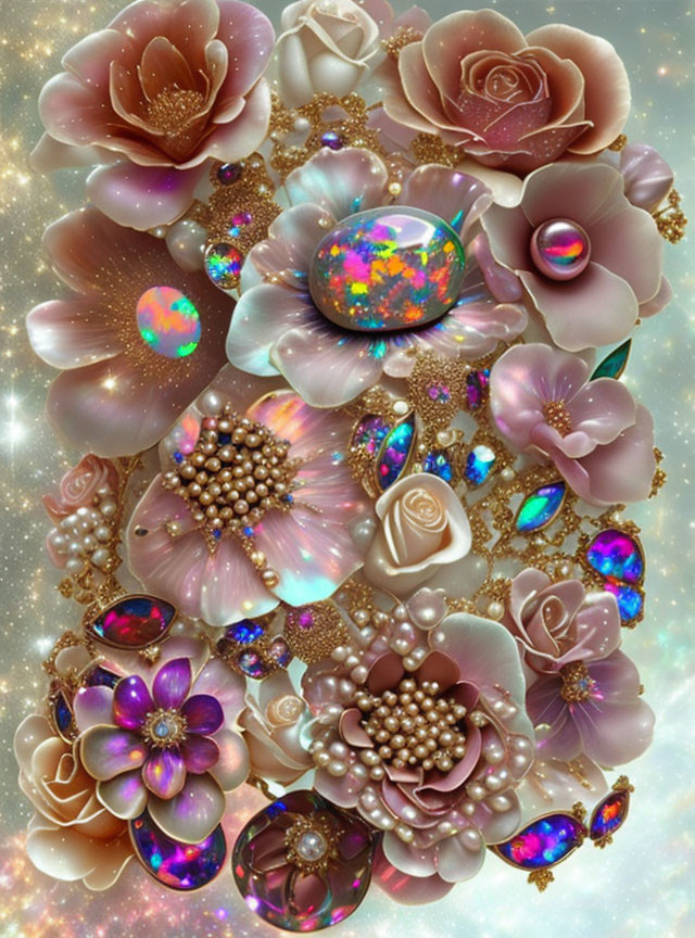 Colorful digital artwork: iridescent flowers, gemstones, glitter, starry background